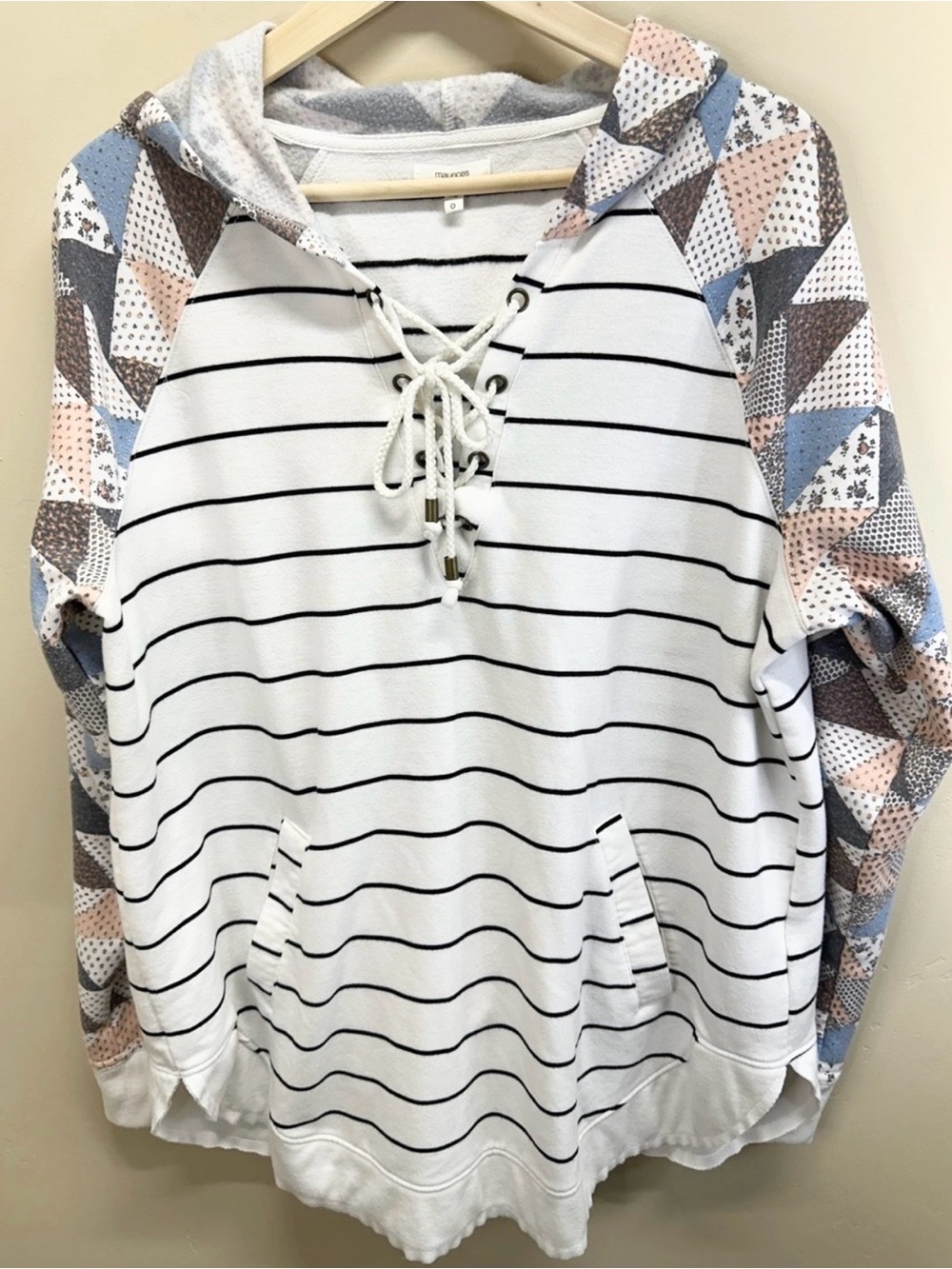 Maurices Size 0 Striped Lace‑Up Hoodie • Boho Patchwork Sleeves & Hood
